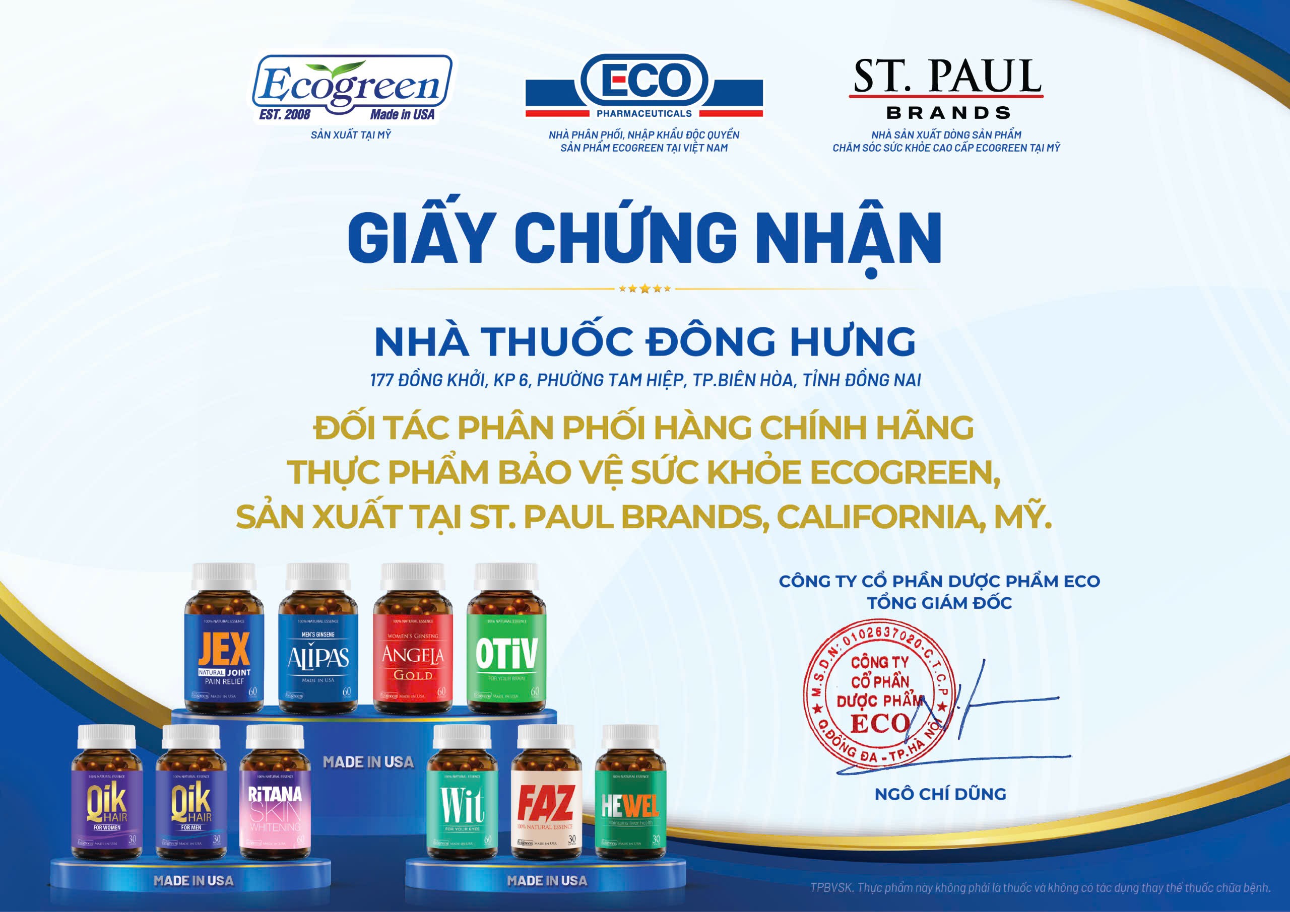 Giấy chứng nhận đối tác phân phối Ecogreen — Nhà Thuốc Đông Hưng